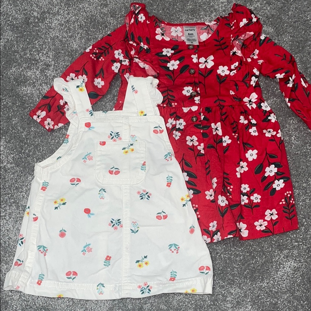 6mo Baby Girl Red Floral Dress and White Floral Overalls Set